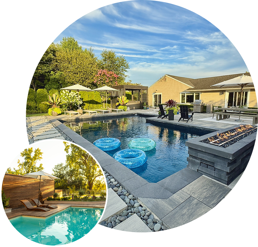 Two luxurious backyard pools with surrounding greenery and comfortable seating areas.
